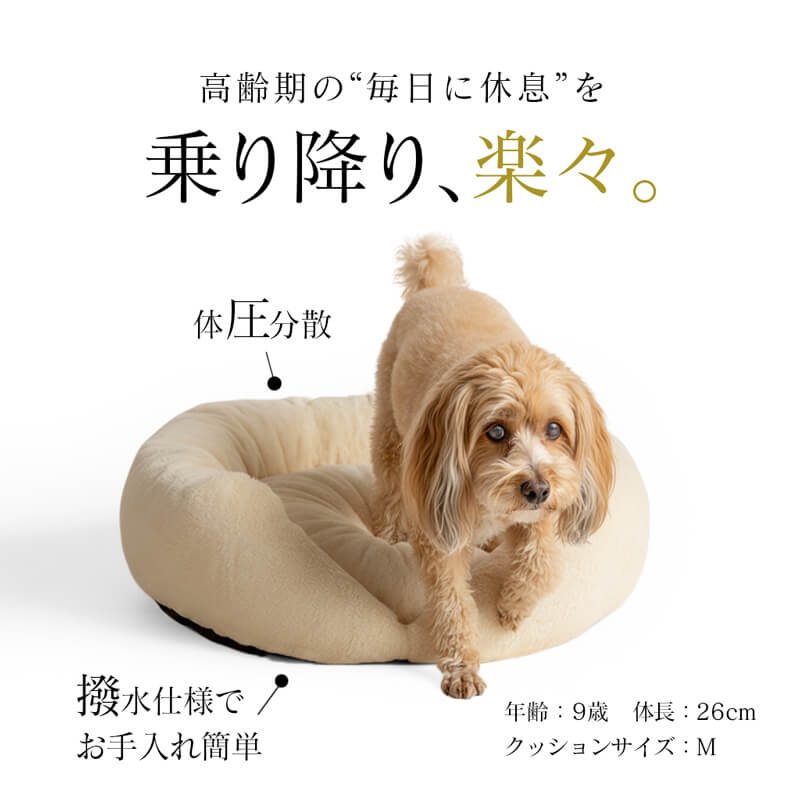 出入り口の高さを約4cmに抑えた低重心設計｜シニア犬・猫が自分で乗り降りしやすいCare Luxeベッド